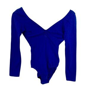 Capezio Pinch Drawstring Front Long Sleeve Leotard Petite Blue Cotton Blend 9914